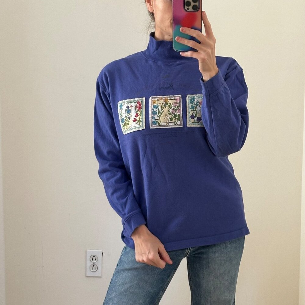 Vintage Compagnie Internationale Express Mockneck Sweatshirts Floral Applique XS